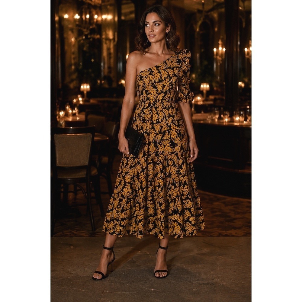 NEW Farm Rio Cotton Poplin One-Shoulder Black Bananas Midi Dress Cotton Medium